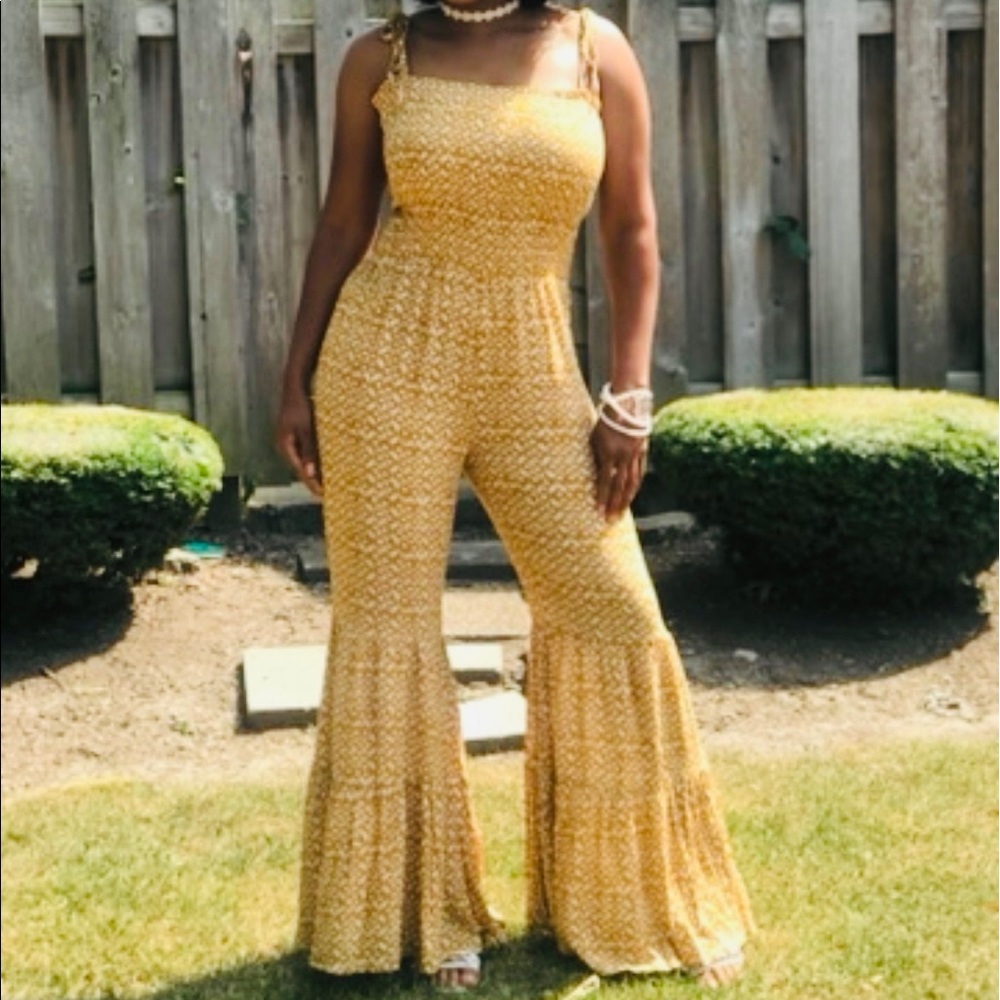 Mustard yellow printed jumpsuit with bell bottoms